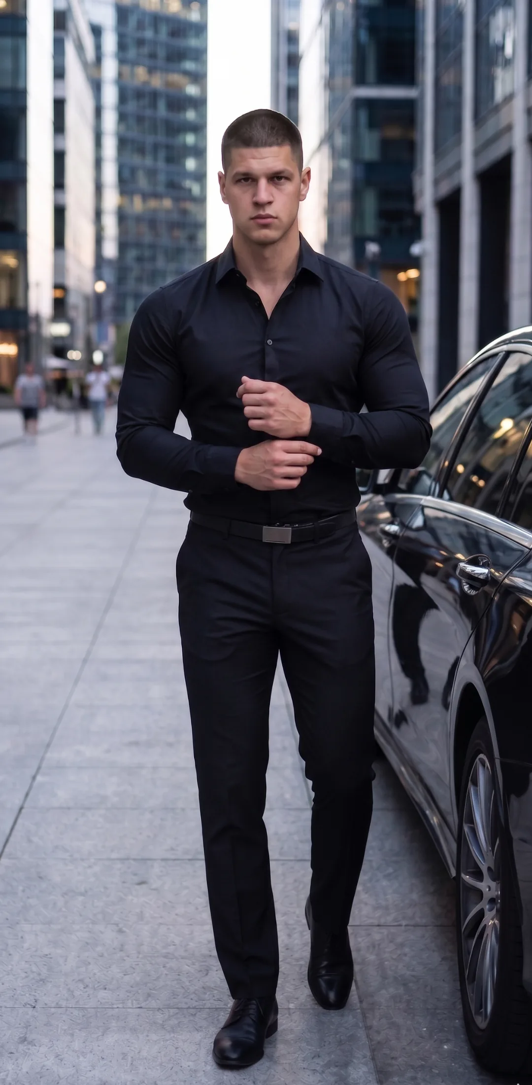 Hombre con camisa negra sobre la camiseta moldeadora FORMA TERAZ negra