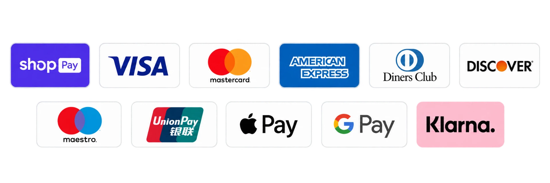 Métodos de pago aceptados: Shop Pay, Visa, Mastercard, American Express, Diners Club, Discover, Maestro, UnionPay, Apple Pay, Google Pay y Klarna